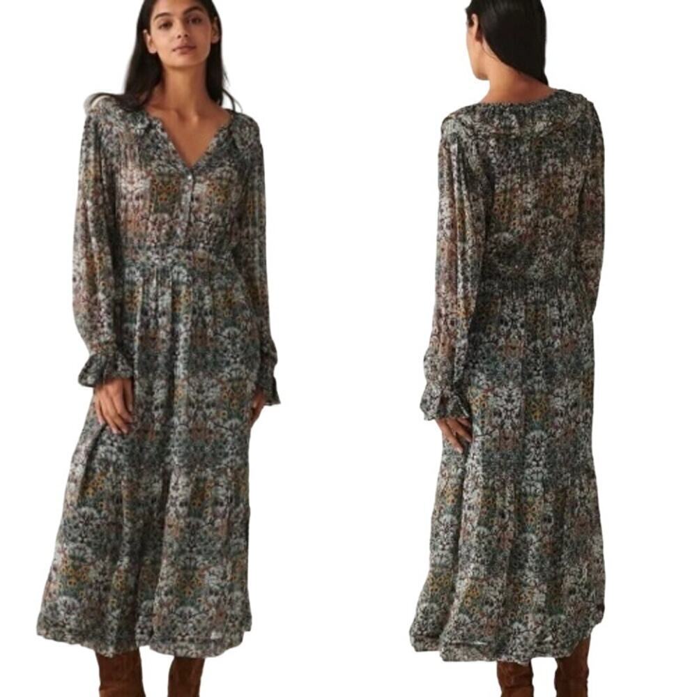 Officine Generale Olive Multicolor Floral Midi Dress